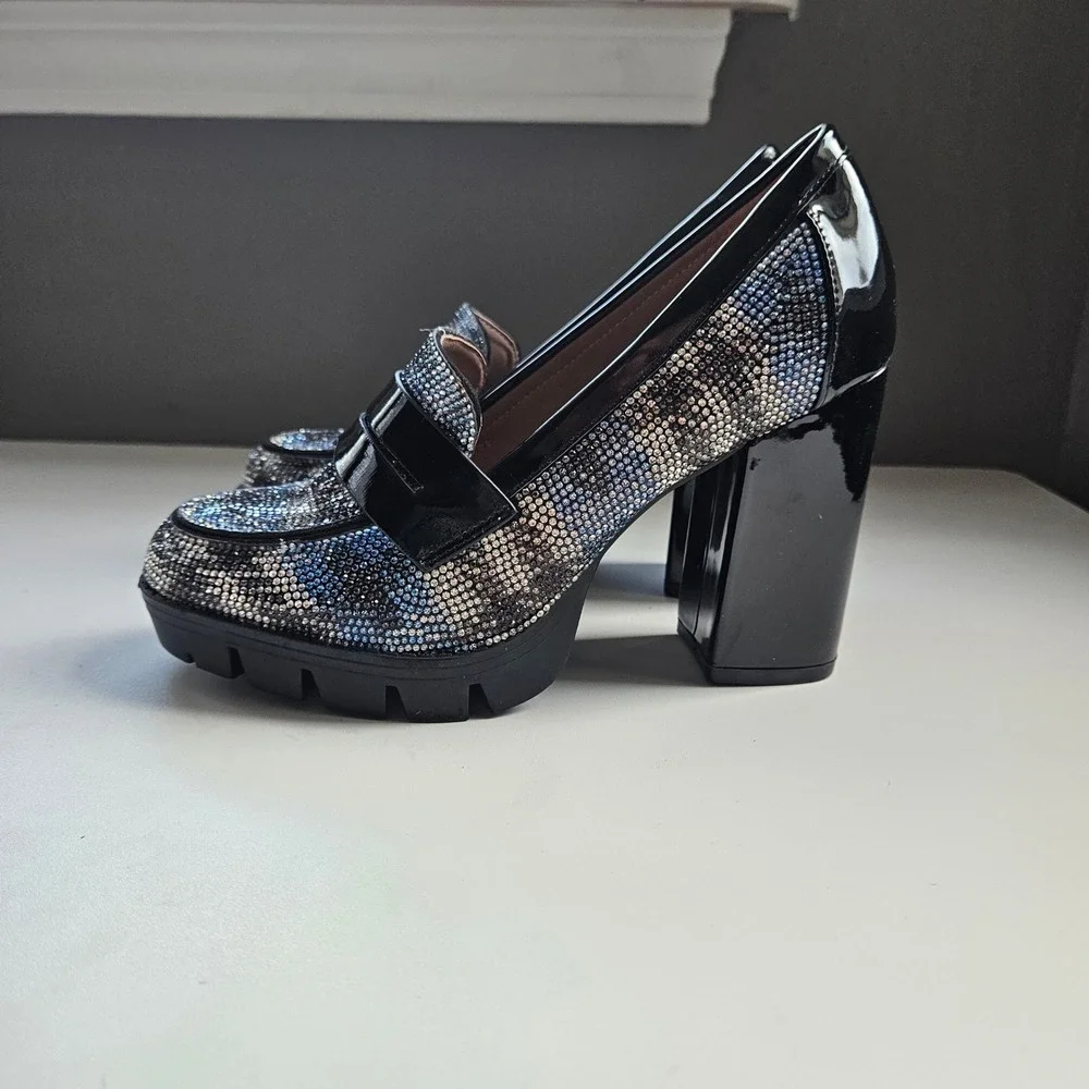 Rhinestone Heel Loafers Platform Block Plaid 6.5 Glam Sparkle Maximalist Party